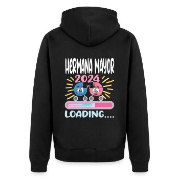 Schwester 2024 Hermana Mayor 2024 - Unisex Premium Bio Zip Hoodie - Schwarz - Hinten - Nico (187cm)