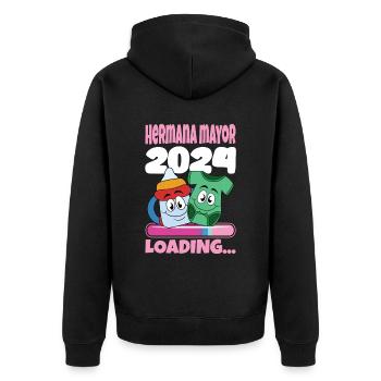 Schwester 2024 Hermana Mayor 2024 - Unisex Premium Bio Zip Hoodie - Schwarz - Hinten - Nico (187cm)