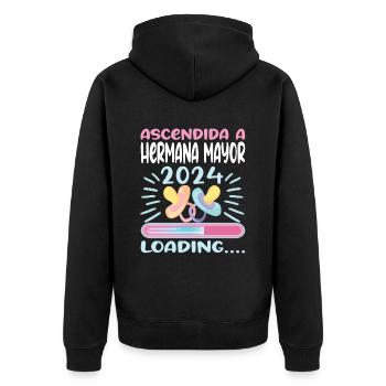 Schwester 2024 Hermana Mayor 2024 - Unisex Premium Bio Zip Hoodie - Schwarz - Hinten - Nico (187cm)