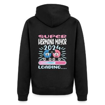 Schwester 2024 Hermana Mayor 2024 - Unisex Premium Bio Zip Hoodie - Schwarz - Hinten - Nico (187cm)
