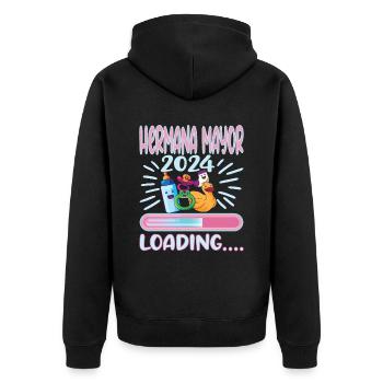 Schwester 2024 Hermana Mayor 2024 - Unisex Premium Bio Zip Hoodie - Schwarz - Hinten - Nico (187cm)