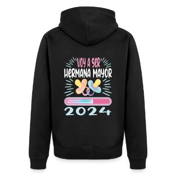 Schwester 2024 Hermana Mayor 2024 - Unisex Premium Bio Zip Hoodie - Schwarz - Hinten - Nico (187cm)