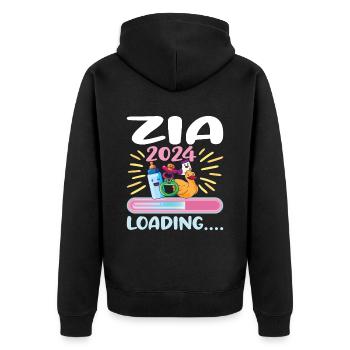 Zia 2024 Loading Tante 2024 - Unisex Premium Bio Zip Hoodie - Schwarz - Hinten - Nico (187cm)