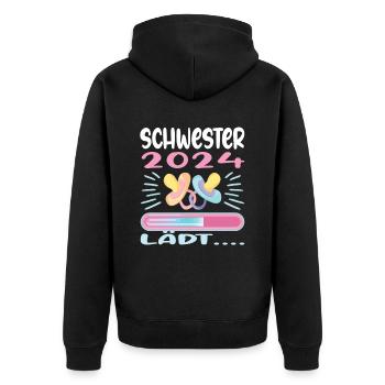 Schwester werden Schwester 2024 - Unisex Premium Bio Zip Hoodie - Schwarz - Hinten - Nico (187cm)