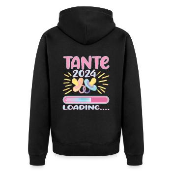 Tante 2024 Loading Tante werden 2024 - Unisex Premium Bio Zip Hoodie - Schwarz - Hinten - Nico (187cm)