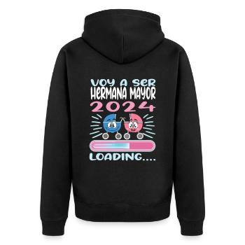 Schwester 2024 Hermana Mayor 2024 - Unisex Premium Bio Zip Hoodie - Schwarz - Hinten - Nico (187cm)