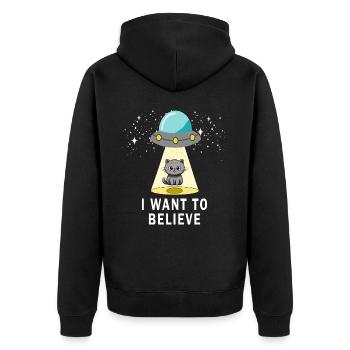 Believe UFO Katzen T-Shirt - Unisex Premium Bio Zip Hoodie - Schwarz - Hinten - Nico (187cm)