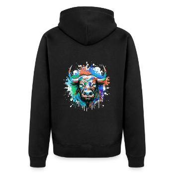 Bulle Kopf Porträt Tier Taurus Bunt - Unisex Premium Bio Zip Hoodie - Schwarz - Hinten - Nico (187cm)