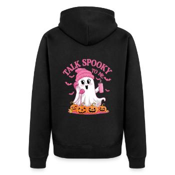 Halloween Ghost Funny Talk Spooky To Me - Unisex Premium Bio Zip Hoodie - Schwarz - Hinten - Nico (187cm)
