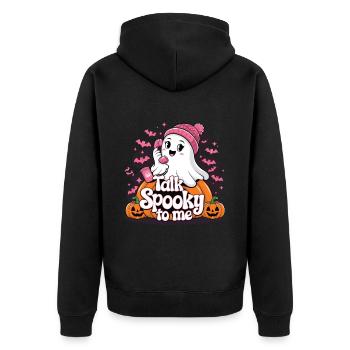 Halloween Ghost Funny Talk Spooky To Me - Unisex Premium Bio Zip Hoodie - Schwarz - Hinten - Nico (187cm)