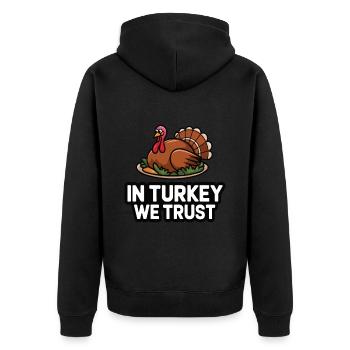 Lustiger Thanksgiving Truthahn - Unisex Premium Bio Zip Hoodie - Schwarz - Hinten - Nico (187cm)