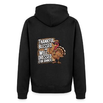 Lustiger Thanksgiving Truthahn - Unisex Premium Bio Zip Hoodie - Schwarz - Hinten - Nico (187cm)