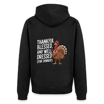 Lustiger Thanksgiving Truthahn - Unisex Premium Bio Zip Hoodie - Schwarz - Hinten - Nico (187cm)