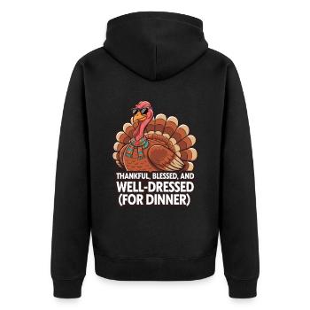 Lustiger Thanksgiving Truthahn - Unisex Premium Bio Zip Hoodie - Schwarz - Hinten - Nico (187cm)