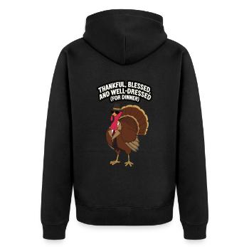 Lustiger Thanksgiving Truthahn - Unisex Premium Bio Zip Hoodie - Schwarz - Hinten - Nico (187cm)