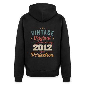 Januar 2012 Legende seit 12 Jahren - Unisex Premium Bio Zip Hoodie - Schwarz - Hinten - Nico (187cm)