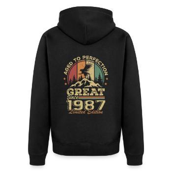 Jahrgang 1987 Geburtstag - 1987 Retro Geschenkidee - Unisex Premium Bio Zip Hoodie - Schwarz - Hinten - Nico (187cm)