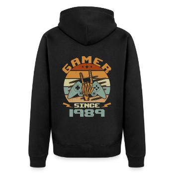 Gamer seit 1989 - Gaming Jubiläumsgeschenk 1989 - Unisex Premium Bio Zip Hoodie - Schwarz - Hinten - Nico (187cm)