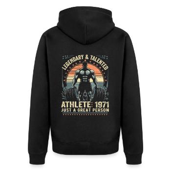 Jahrgang 1971 Fitness Geburtstagsgeschenk 1971 - Unisex Premium Bio Zip Hoodie - Schwarz - Hinten - Nico (187cm)