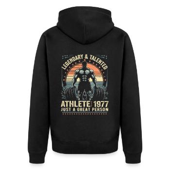 Jahrgang 1977 Fitness Geburtstagsgeschenk 1977 - Unisex Premium Bio Zip Hoodie - Schwarz - Hinten - Nico (187cm)