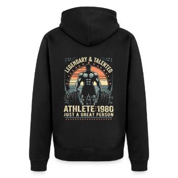 Jahrgang 1980er Jahre Fitness Geburtstagsgeschenk 1980er Jahre - Unisex Premium Bio Zip Hoodie - Schwarz - Hinten - Nico (187cm)