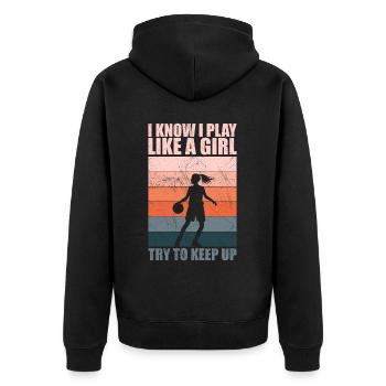 Ich weiß, dass ich wie ein Mädchen spiele Versuch mitzuhalten | Basketball - Unisex Premium Bio Zip Hoodie - Schwarz - Hinten - Nico (187cm)