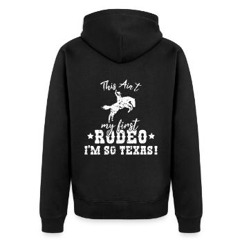 Nicht mein erstes Rodeo-Design für stolze Texaner - Unisex Premium Bio Zip Hoodie - Schwarz - Hinten - Nico (187cm)
