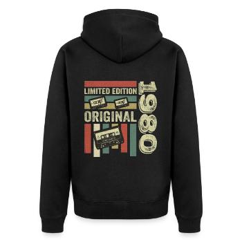 Vintage des années 1980 - citation d’anniversaire rétro des années 1980 - Veste à capuche bio Premium Unisexe - noir - Dos - Nico (187cm)