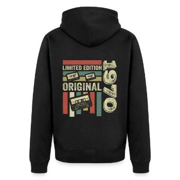 Vintage des années 1970 - rétro anniversaire disant des années 1970 - Veste à capuche bio Premium Unisexe - noir - Dos - Nico (187cm)