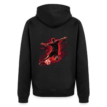 Ein Fußballer in einer dynamischen Aktion mit einem Torschuss. - Unisex Premium Bio Zip Hoodie - Schwarz - Hinten - Nico (187cm)
