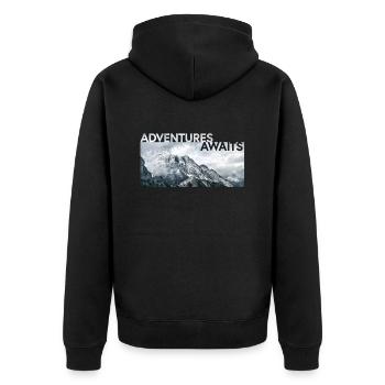 ADVENTURE AWAITS - Unisex Premium Bio Zip Hoodie - Schwarz - Hinten - Nico (187cm)