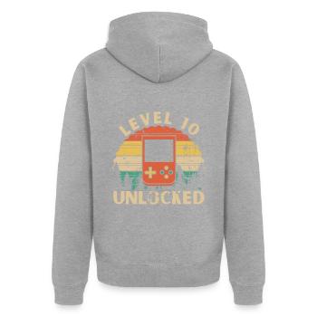 Level 10 freigeschaltet - Unisex Premium Bio Zip Hoodie - Grau meliert - Hinten - Nico (187cm)