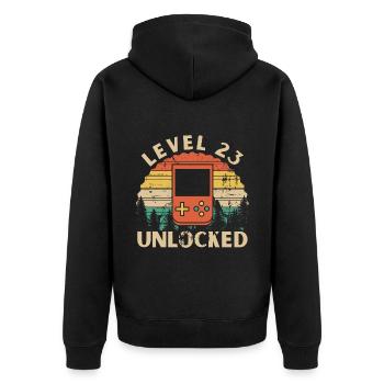 Level 23 Unlocked - Unisex Premium Organic Zip Hoodie - black - Back - Nico (187cm)