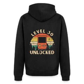 Level 30 freigeschaltet - Unisex Premium Bio Zip Hoodie - Schwarz - Hinten - Nico (187cm)
