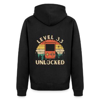 Stufe 33 freigeschaltet - Unisex Premium Bio Zip Hoodie - Schwarz - Hinten - Nico (187cm)