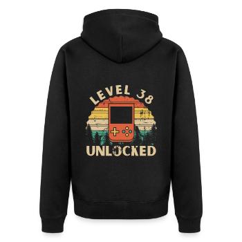 Level 38 Unlocked - Unisex Premium Organic Zip Hoodie - black - Back - Nico (187cm)