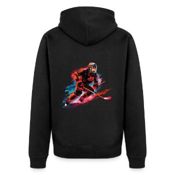 Joueur de hockey avec un bâton de hockey sur la patinoire - Veste à capuche bio Premium Unisexe - noir - Dos - Nico (187cm)