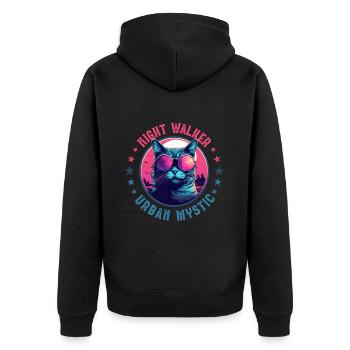 Stadtkatze mit rosaroter Brille bei Nacht in der Stadt - Unisex Premium Bio Zip Hoodie - Schwarz - Hinten - Nico (187cm)