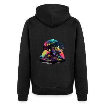 Trippy Magic Mushroom Artwork mit Wasserfarben - Unisex Premium Bio Zip Hoodie - Schwarz - Hinten - Nico (187cm)