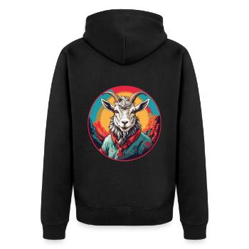 Farbenprächtige Ziege im bunten Farbkreis - Unisex Premium Bio Zip Hoodie - Schwarz - Hinten - Nico (187cm)