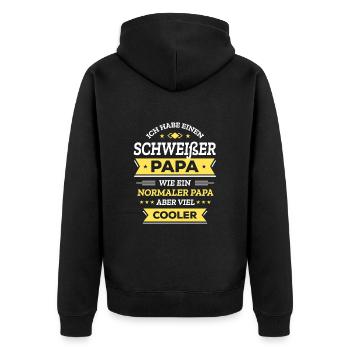 SCHWEISSER PAPA - COOLER ALS NORMAL, HELD VATERTAG - Unisex Premium Bio Zip Hoodie - Schwarz - Hinten - Nico (187cm)