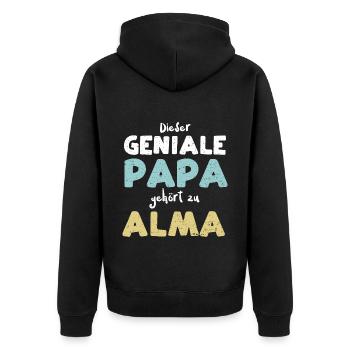 Dieser Geniale Papa Gehört Zu Alma - Unisex Premium Bio Zip Hoodie - Schwarz - Hinten - Nico (187cm)