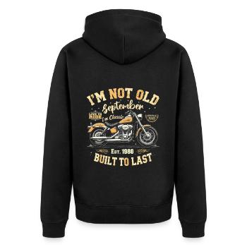 Geburtstag 1980 Jahrgang September 1980 Geschenk - Unisex Premium Bio Zip Hoodie - Schwarz - Hinten - Nico (187cm)