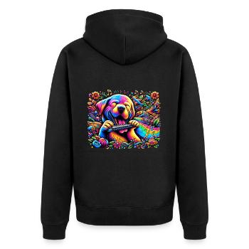 Harmoniehund: Mundharmonika-Vibes - Unisex Premium Bio Zip Hoodie - Schwarz - Hinten - Nico (187cm)