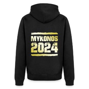 Mykonos 2024 Gold - Unisex Premium Bio Zip Hoodie - Schwarz - Hinten - Nico (187cm)