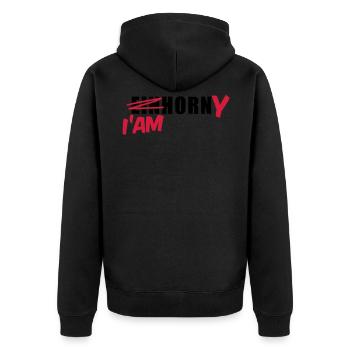 Mallorca T-Shirt Einhorn I'am Horny Shirt - Unisex Premium Bio Zip Hoodie - Schwarz - Hinten - Nico (187cm)
