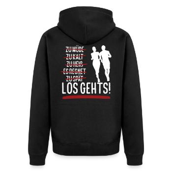 Zu müde, zu spät,... Los geht's Laufen! - Unisex Premium Bio Zip Hoodie - Schwarz - Hinten - Nico (187cm)