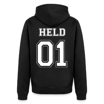 HELD 01 - White Edition - Unisex Premium Bio Zip Hoodie - Schwarz - Hinten - Nico (187cm)