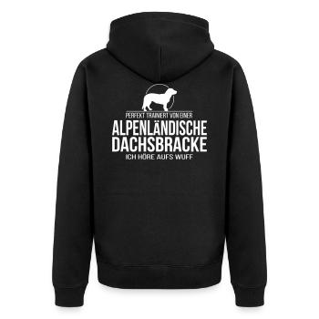 ALPENLÄNDISCHE DACHSBRACKE wuff - Unisex Premium Bio Zip Hoodie - Schwarz - Hinten - Nico (187cm)