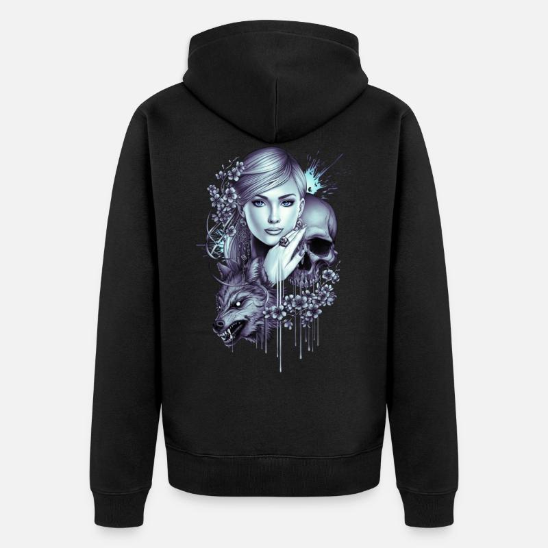 Wolfsschädel Mädchen Tattoo - Unisex Premium Bio Zip Hoodie - Schwarz